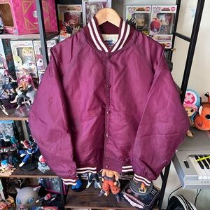 Vintage Burgundy Satin Varsity Bomber Jacket Men’s L Striped Ribbed